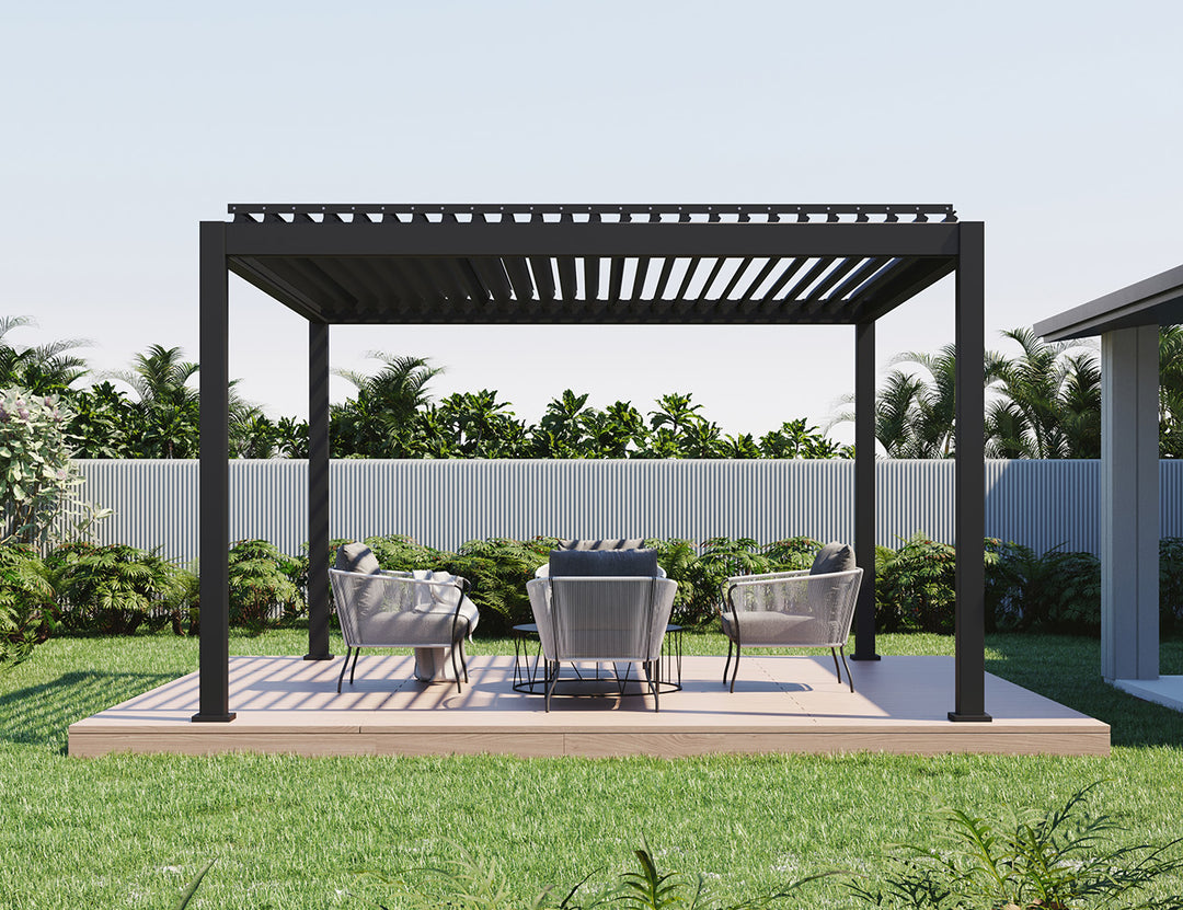 Caribbean Motorised Freestanding Louvre Roof Aluminium Pergola, Size: 4 x 4m, Colour: Black