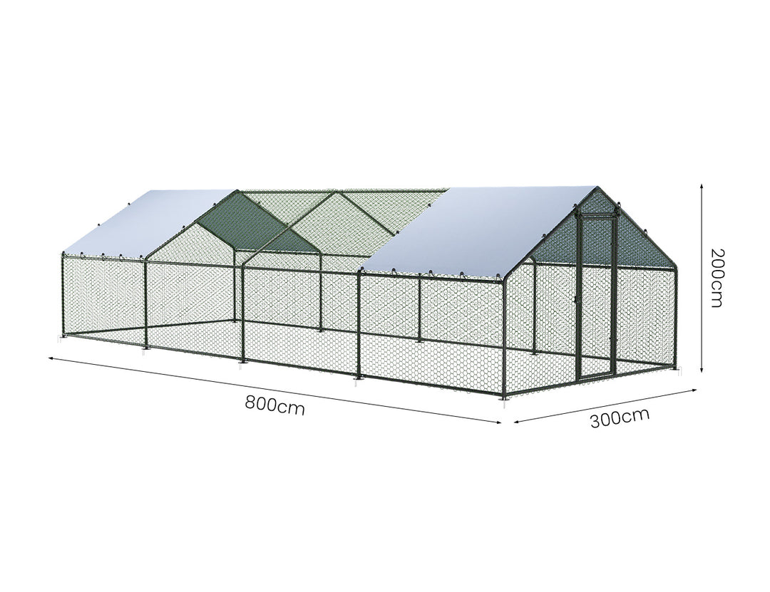 Outdoor Chicken Run With Two Covers - 300x800x200cm, Upgraded Frame for Extended Durability, ,