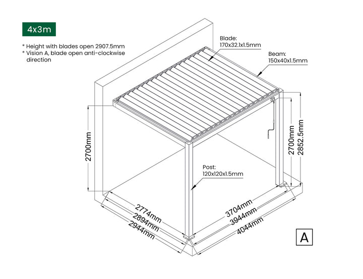 Baltic Manual Wall Mounted Louvre Roof Aluminium Pergola, Size: 4 x 3m, Colour: White