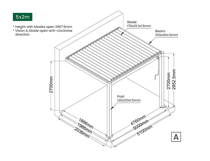 Baltic Manual Wall Mounted Louvre Roof Aluminium Pergola, Size: 5 x 2m, Colour: White
