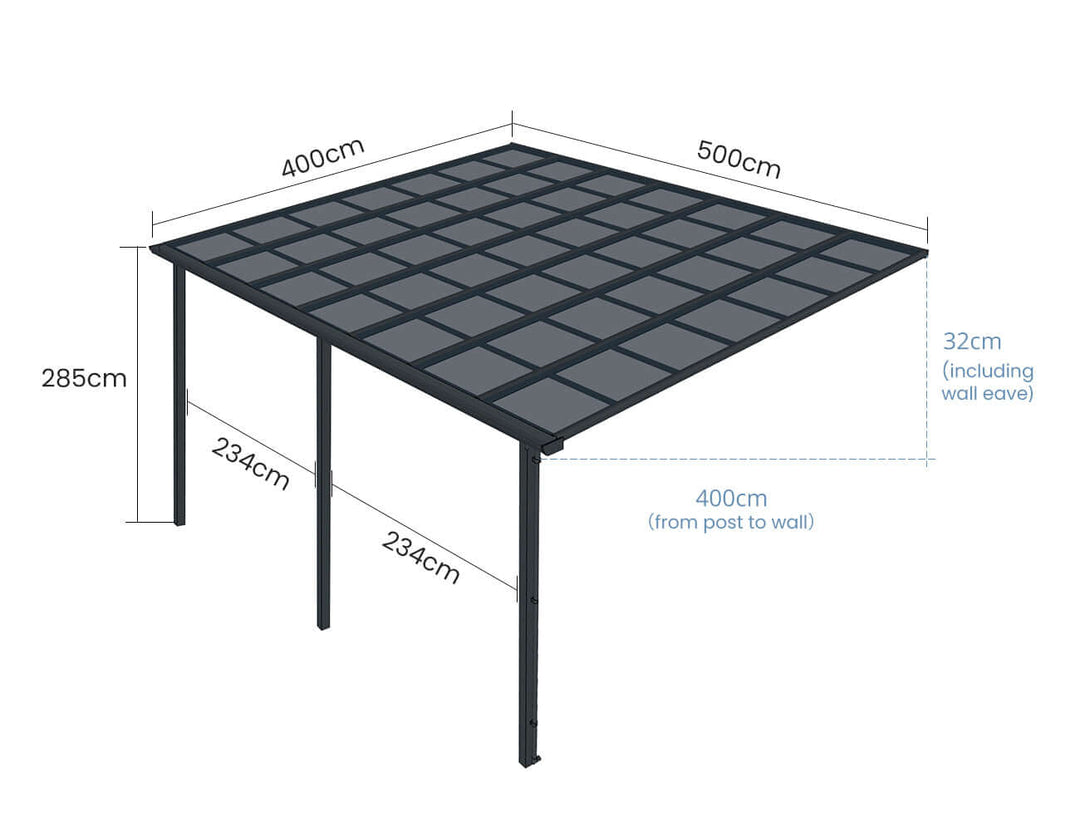 5 X 4m Wall Mounted Patio Cover, Colour: White / Light Smoky Grey,