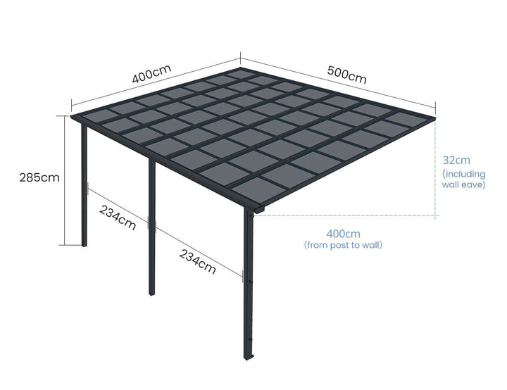 5 X 4m Wall Mounted Patio Cover, Colour: White / Light Smoky Grey,