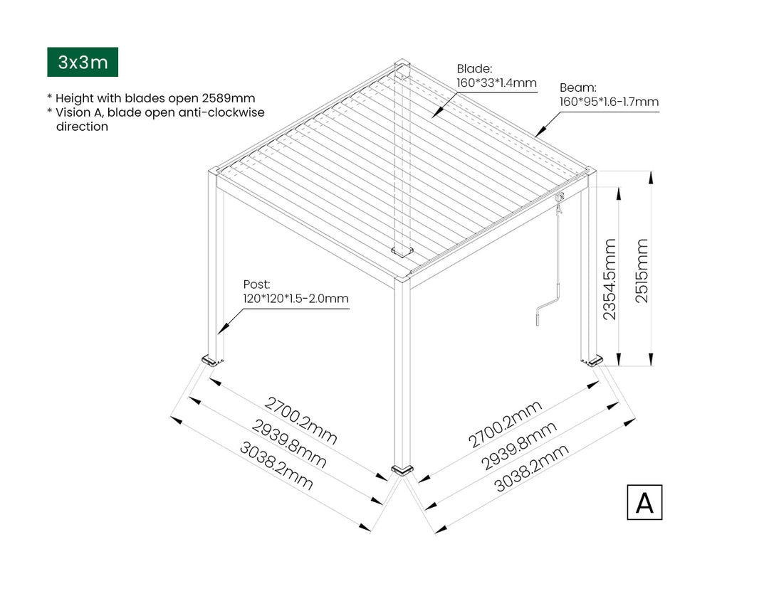 Atlantic Manual Freestanding Louvre Roof, Size: 3 x 3m, Colour: Black