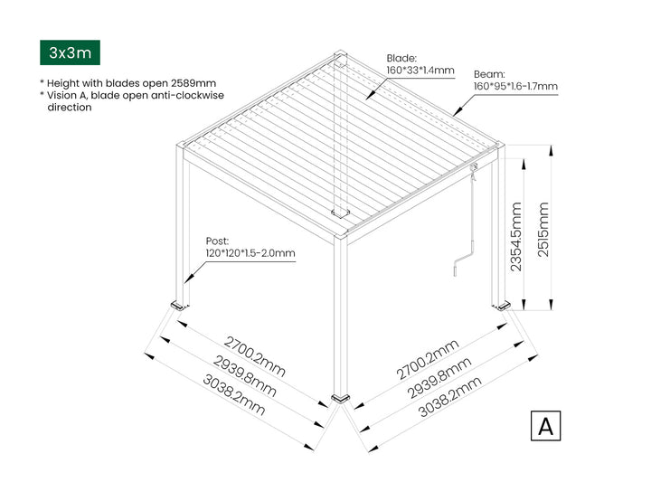 Atlantic Manual Freestanding Louvre Roof, Size: 3 x 3m, Colour: Black