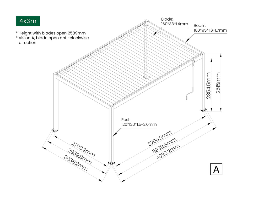 Atlantic Manual Freestanding Louvre Roof, Size: 3 x 3m, Colour: Black