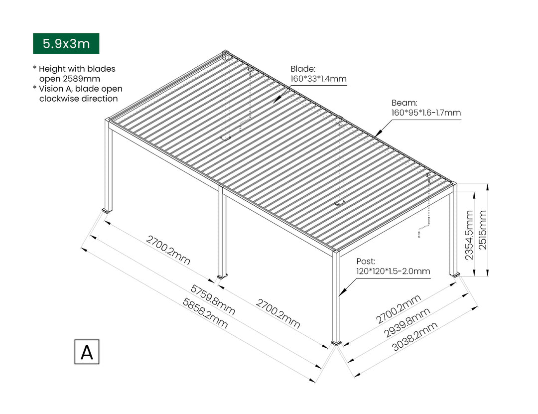 Atlantic Manual Freestanding Louvre Roof, Size: 3 x 3m, Colour: Black