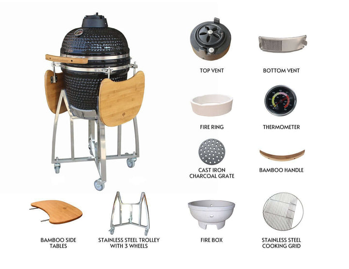 18-Inch Kamado Ceramic Charcoal Grill With Bonus Accessory Pack, Colour: Black,