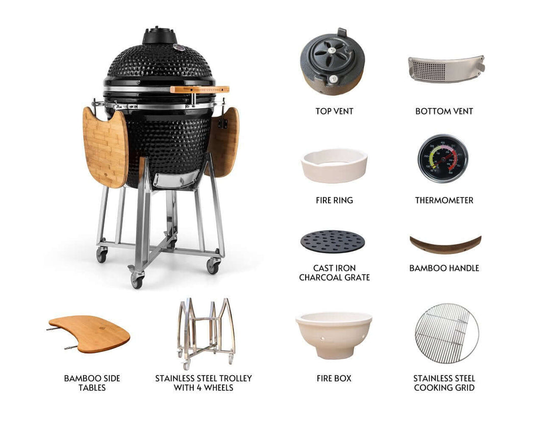 21-Inch Kamado Ceramic Charcoal Grill With Bonus Accessory Pack, Colour: Black,
