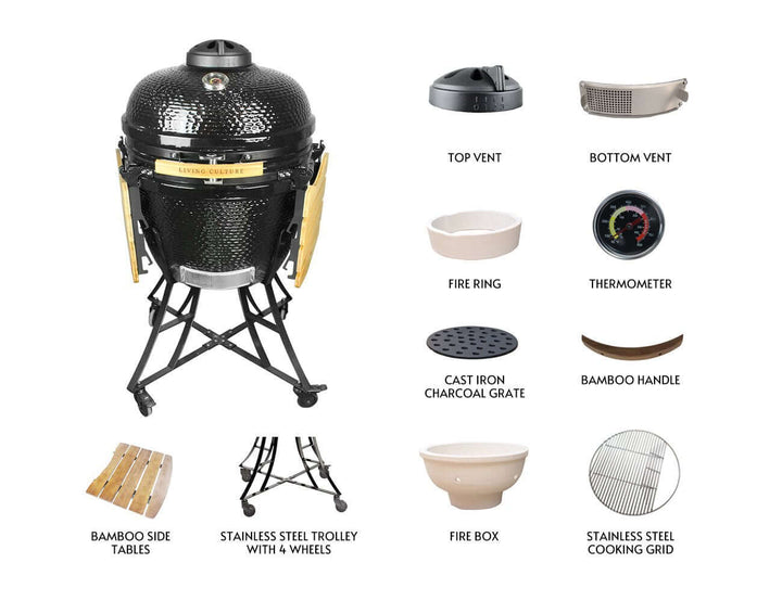 24-Inch Kamado Ceramic Charcoal Grill With Bonus Accessory Pack, Colour: Black,