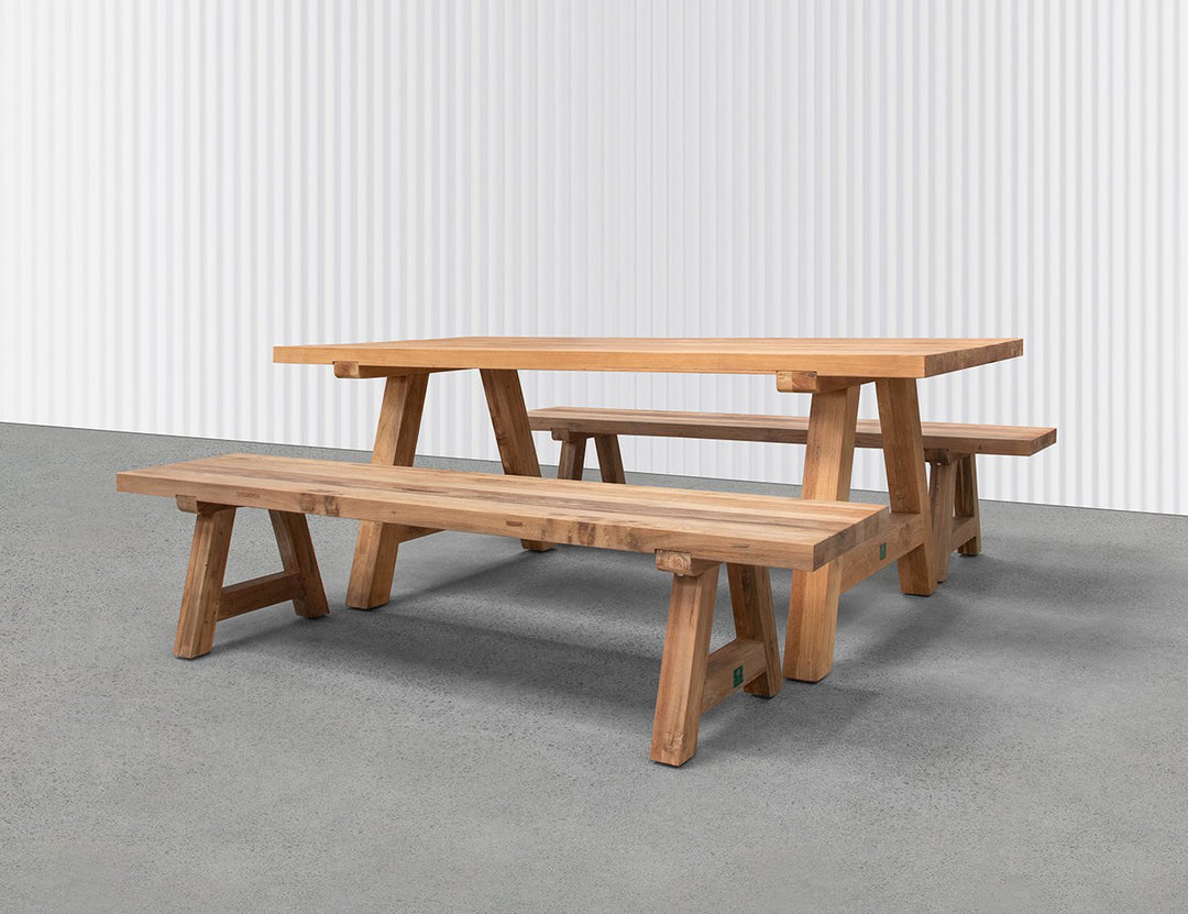 Teak A-frame Dining Table With Bench Seats- 200cm, ,