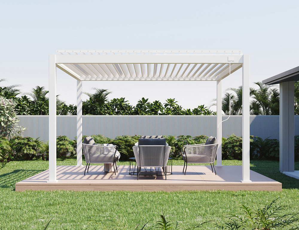 Draft Little Oneroa Manual Freestanding Louvre Roof Aluminium Pergola, Size: 2 x 2m, Colour: White