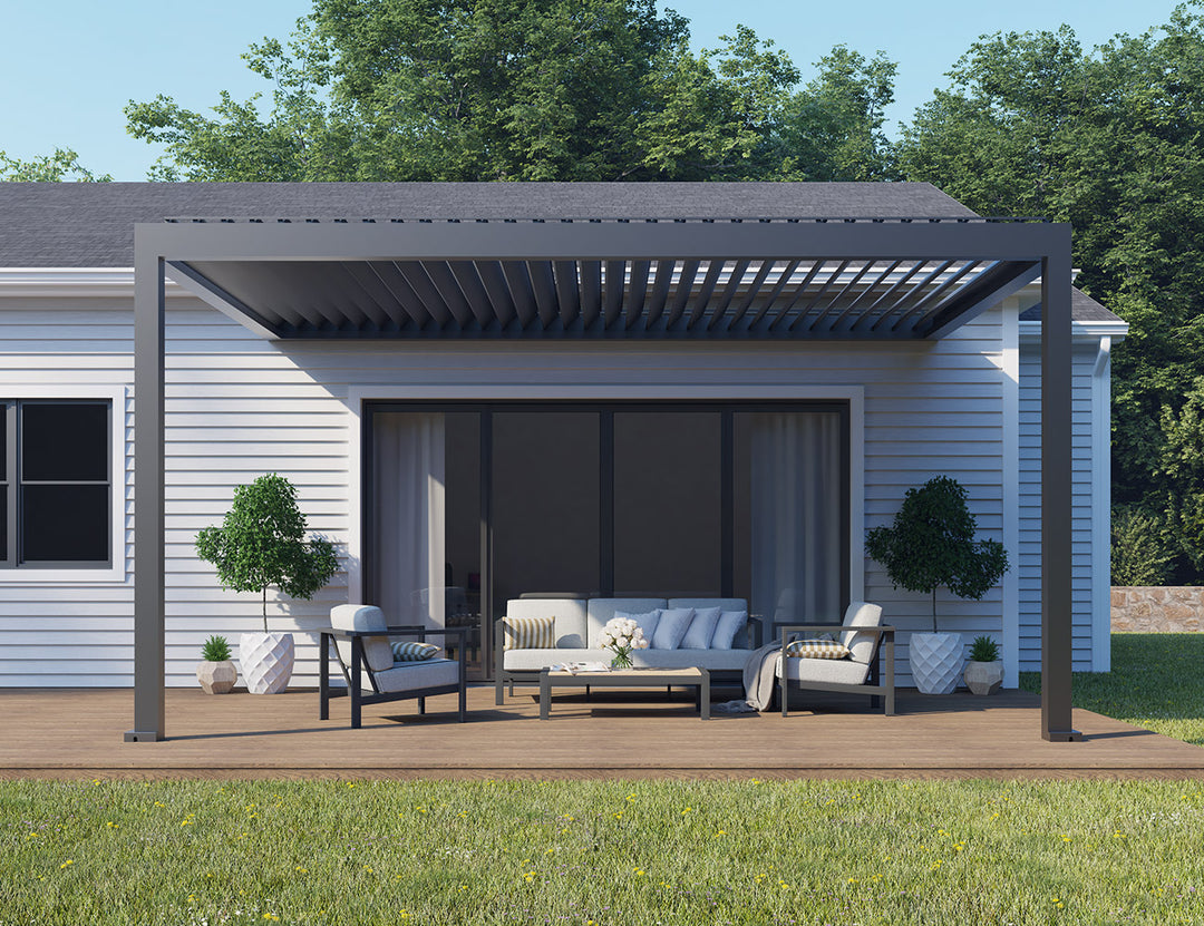 Caribbean Motorised Wall Mounted Louvre Roof Aluminium Pergola, Size: 4 x 3.9m, Colour: Black