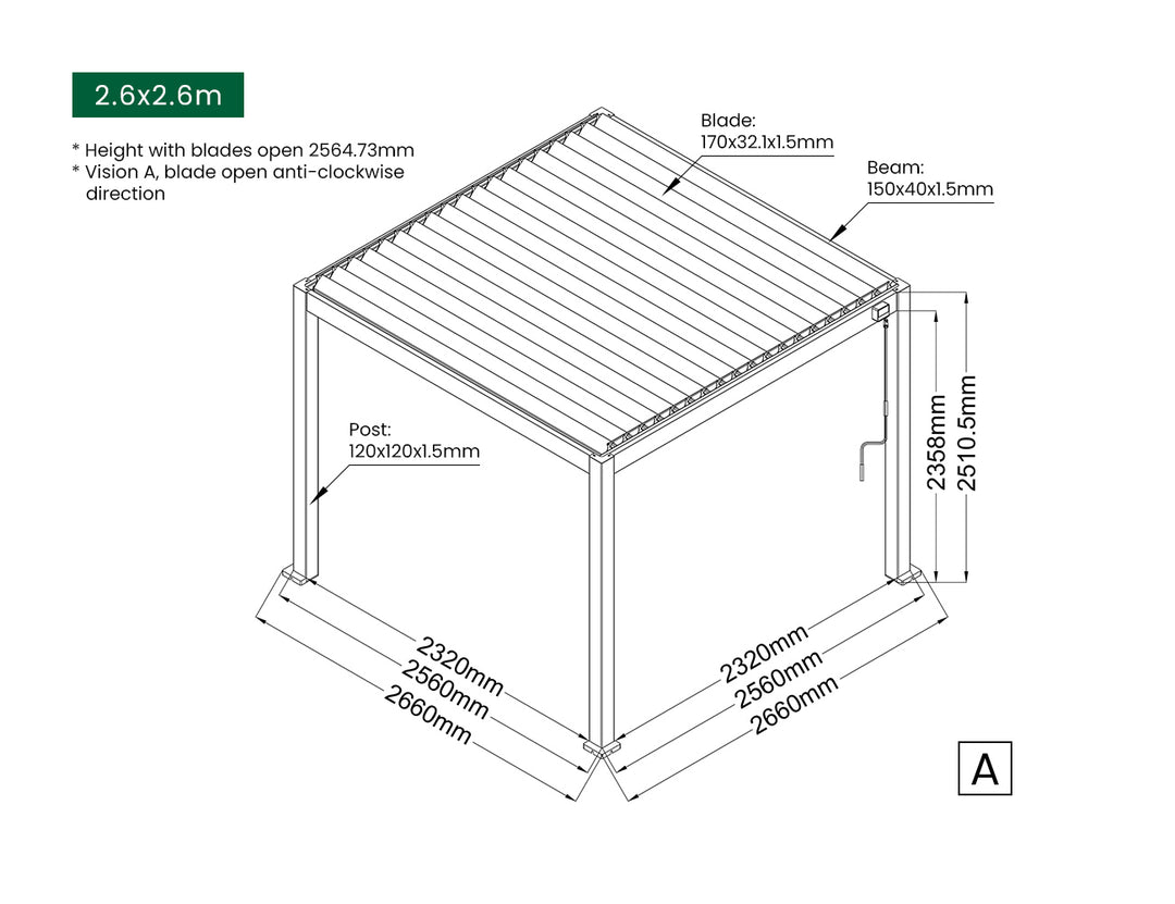 Baltic Manual Freestanding Louvre Roof Aluminium Pergola, Size: 2 x 2m, Colour: Black