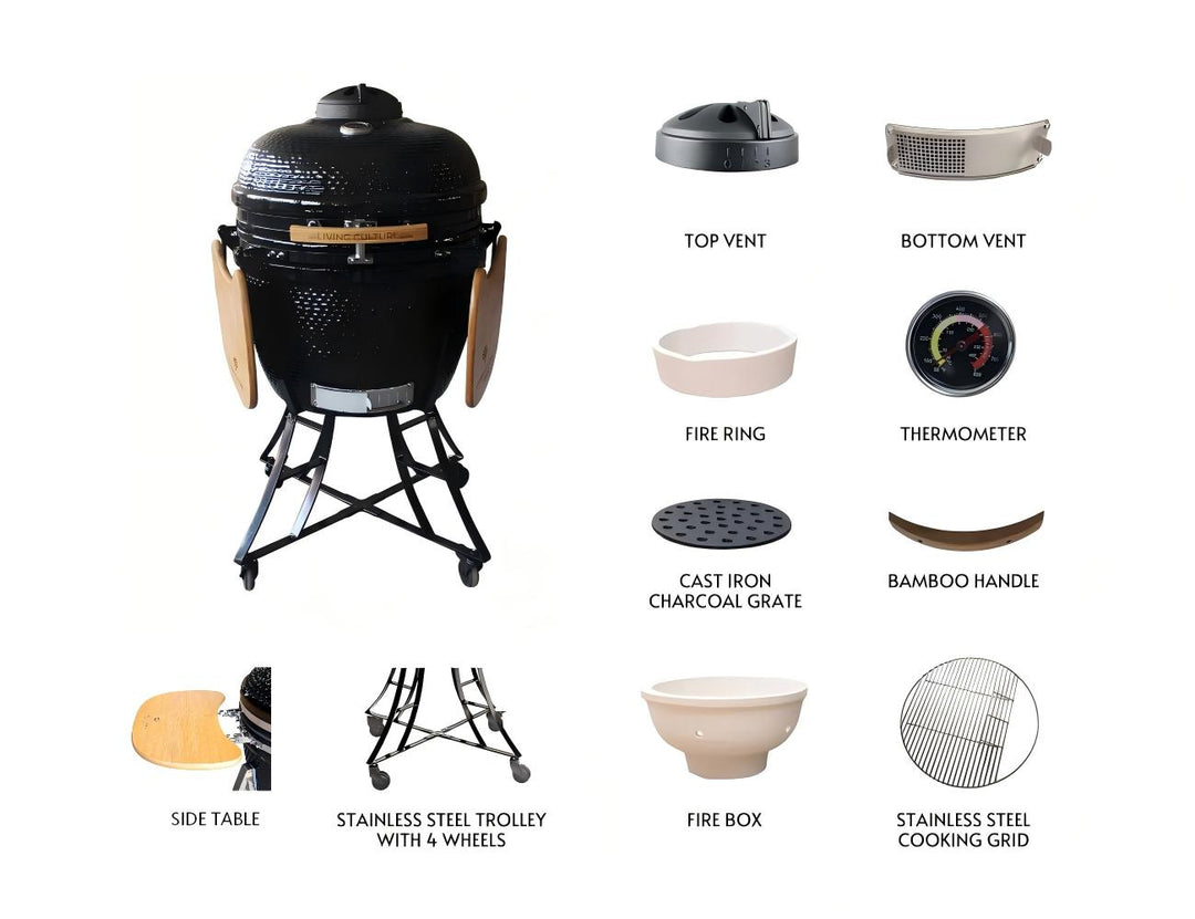 24-Inch Kamado Ceramic Charcoal Grill With Black Rolling Cart