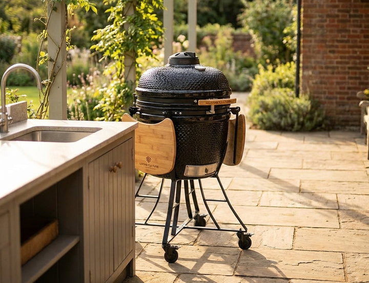 24-Inch Kamado Ceramic Charcoal Grill With Black Rolling Cart