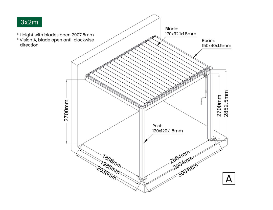 Baltic Manual Wall Mounted Louvre Roof Aluminium Pergola, Size: 2 x 2m, Colour: White