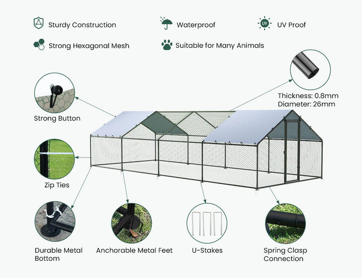 Aegis Walk-In Chicken Coop Run with 2 UV Covers - 300x800x200cm