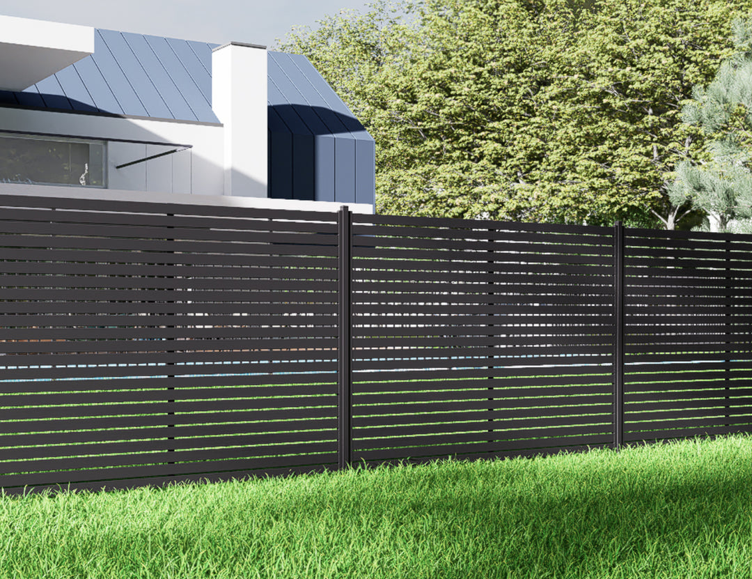 Aluminium Slat Privacy Fence Panel - Horizontal, Size: 2.4 x 1.8m, Colour: Black