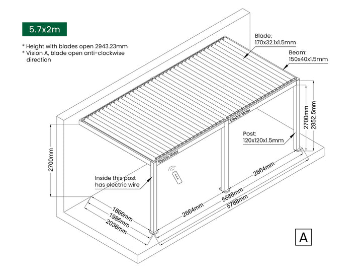 Baltic Motorised Wall Mounted Louvre Roof Aluminium Pergola, Size: 2 x 2m, Colour: Black