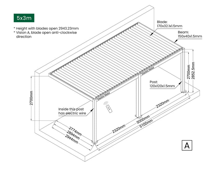 Baltic Motorised Wall Mounted Louvre Roof Aluminium Pergola, Size: 2 x 2m, Colour: Black