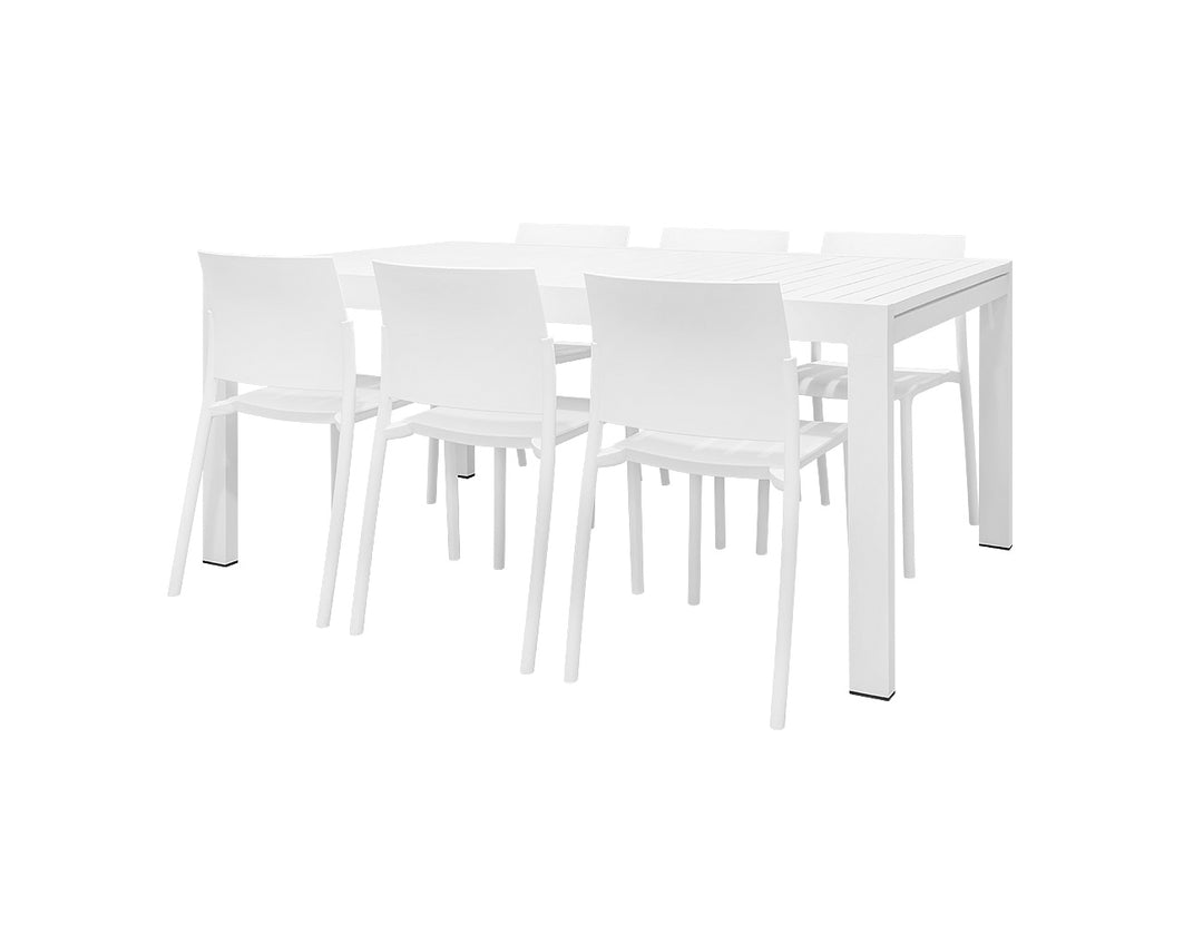 7-Piece Outdoor Dining Set – Extendable Aluminium Table with 6 Armless Chairs colour: White