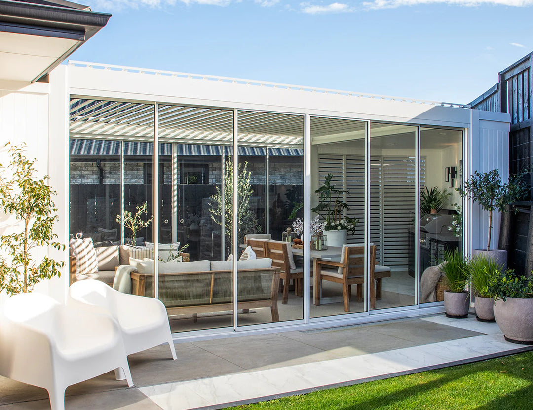 Frame Glass Sliding door For Mediterranean-SKY Wall Mounted Louvre Roof Pergola