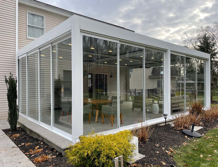 Frame Glass Sliding door For Mediterranean-SKY Wall Mounted Louvre Roof Pergola