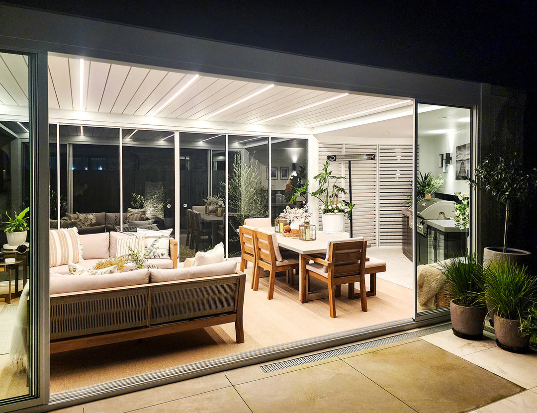 Frame Glass Sliding door For Mediterranean-SKY Wall Mounted Louvre Roof Pergola