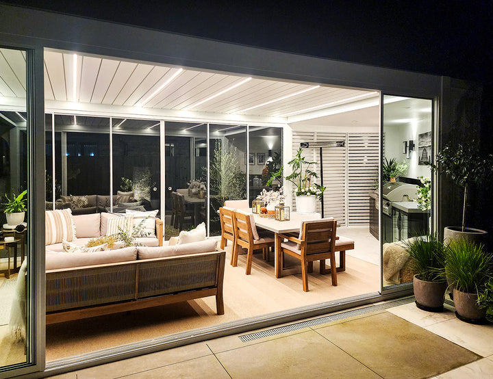 Frame Glass Sliding door For Mediterranean-SKY Wall Mounted Louvre Roof Pergola