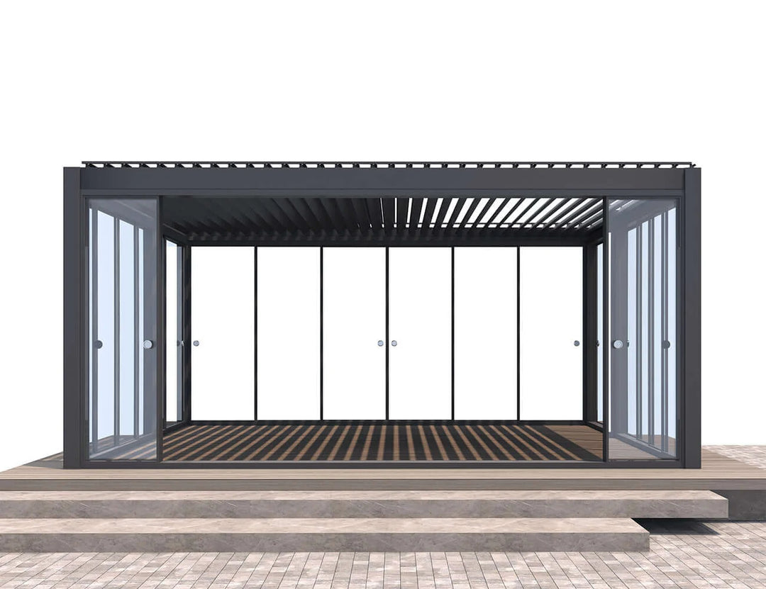 Frame Glass Sliding door For Mediterranean-SKY Wall Mounted Louvre Roof Pergola