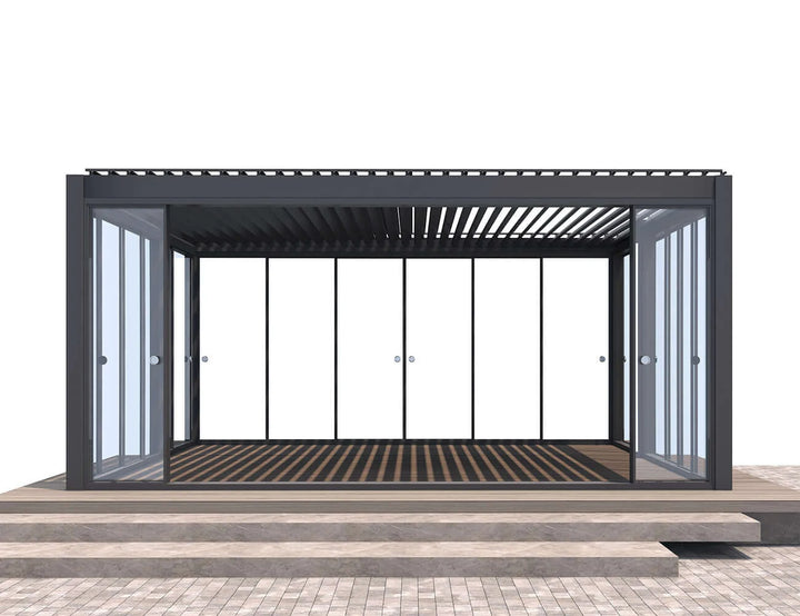 Frame Glass Sliding door For Mediterranean-SKY Wall Mounted Louvre Roof Pergola