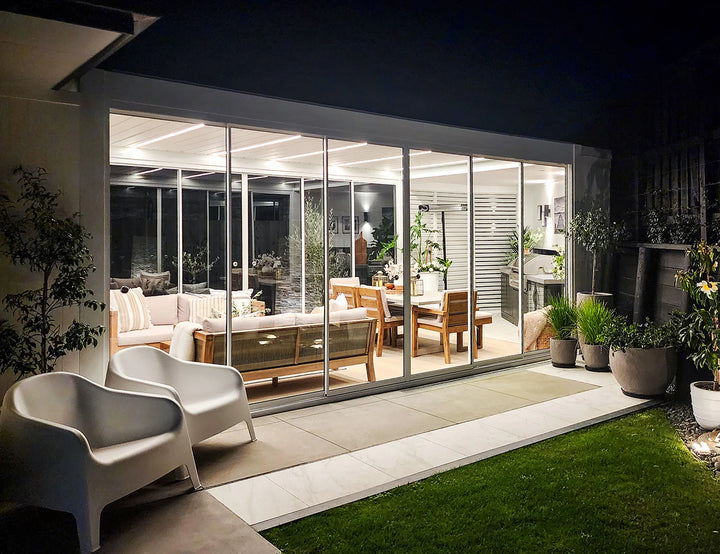 Frame Glass Sliding door For Mediterranean-SKY Wall Mounted Louvre Roof Pergola