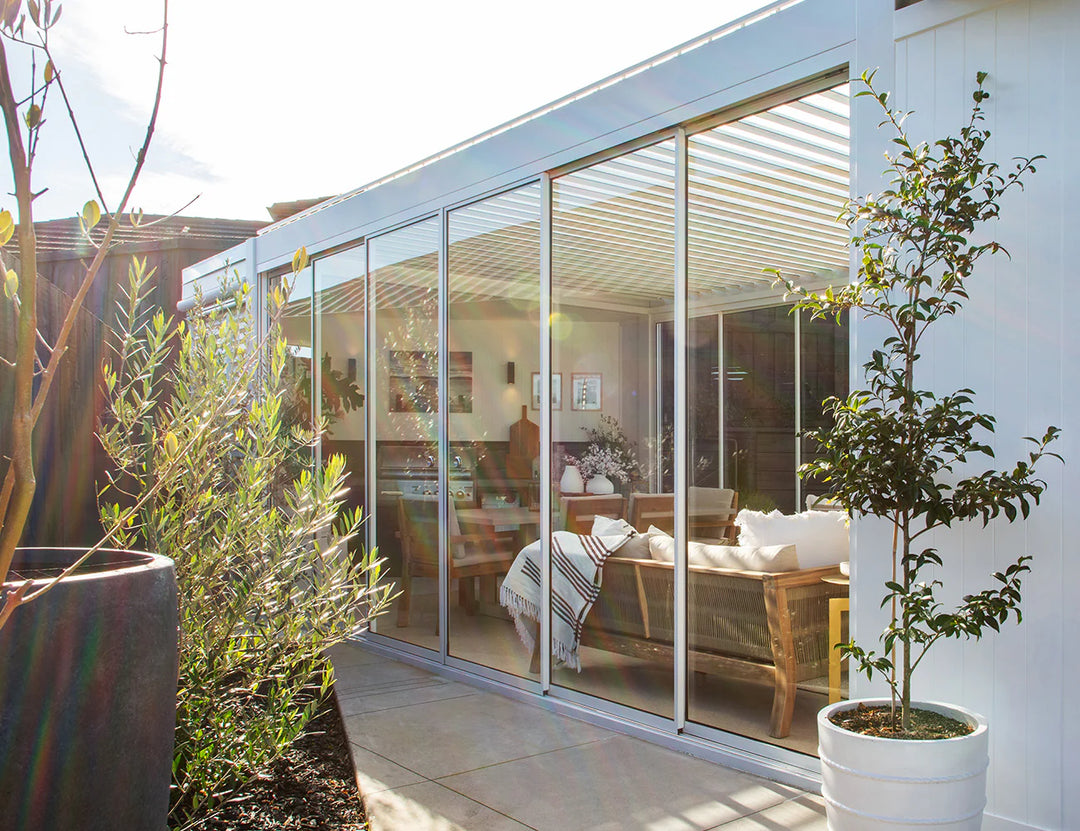 Frame Glass Sliding door For Mediterranean-SKY Wall Mounted Louvre Roof Pergola