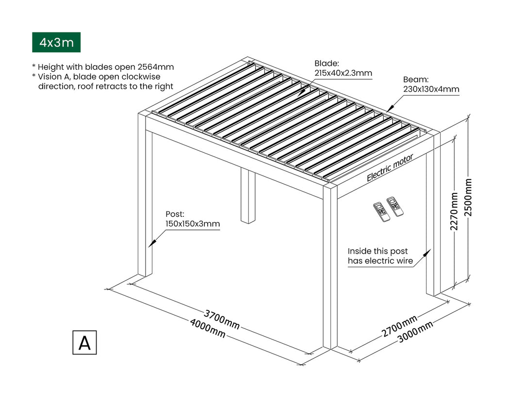 Mediterranean Motorised Retractable Louvre Roof System, Size: 4 x 3m, Colour: Black