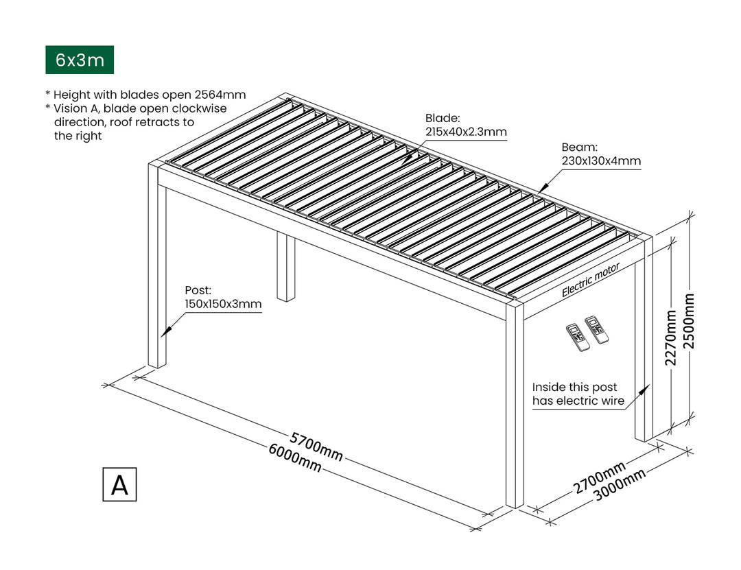 Mediterranean Motorised Retractable Louvre Roof System, Size: 4 x 3m, Colour: Black