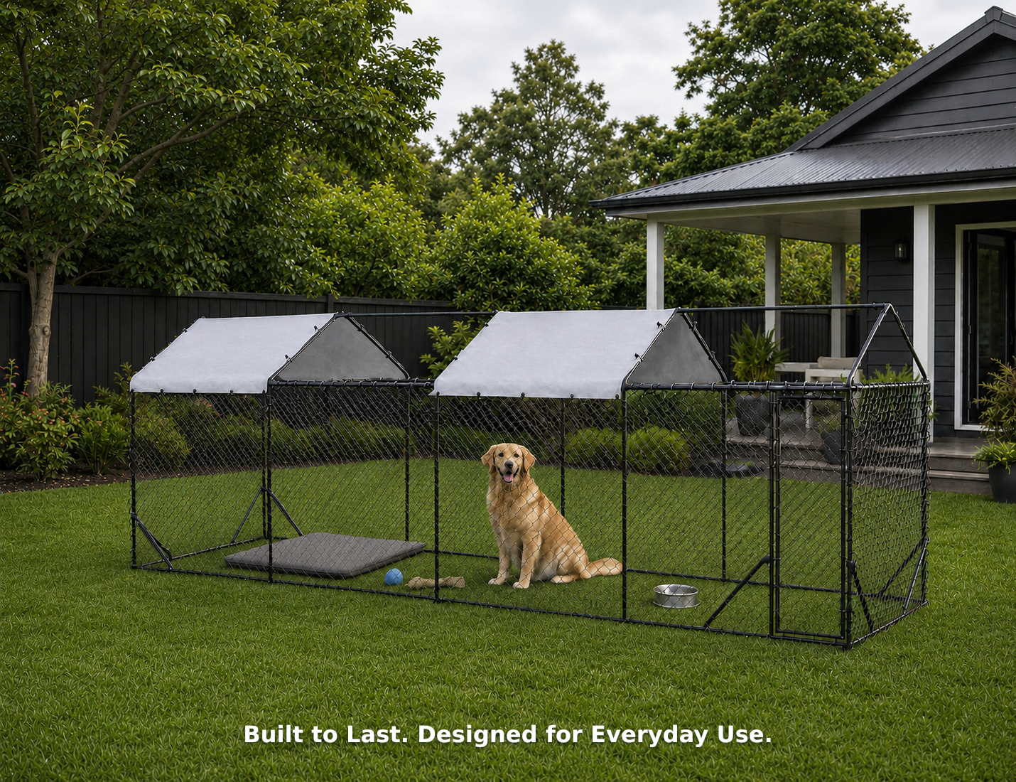 Aegis 776 cm outdoor dog run with two covers in a New Zealand backyard