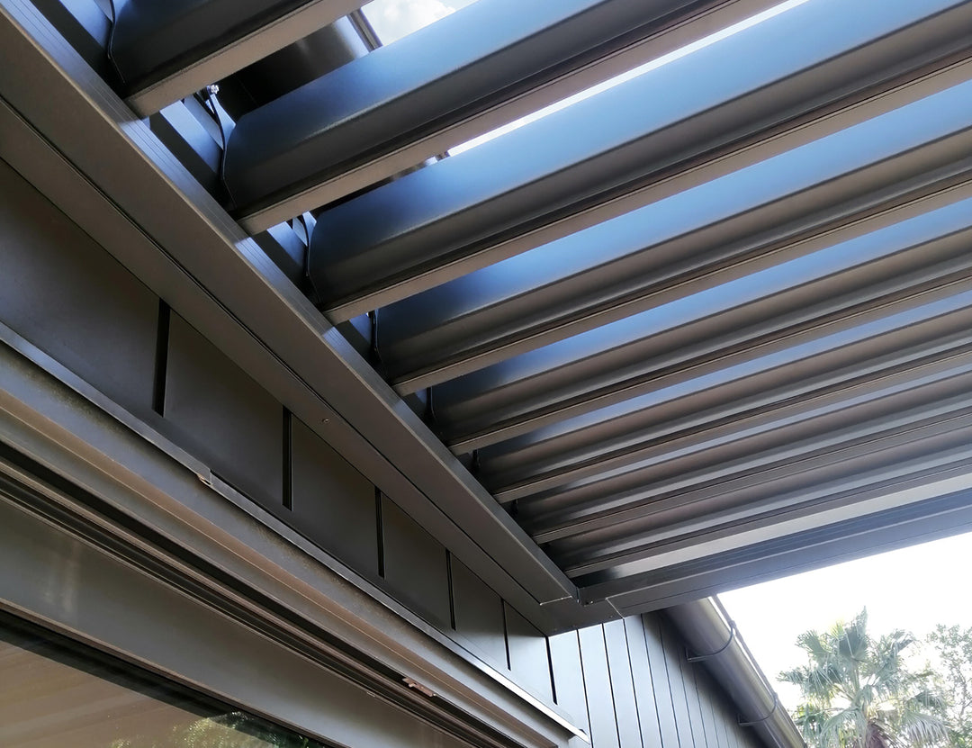 Baltic Motorised Wall Mounted Louvre Roof Aluminium Pergola
