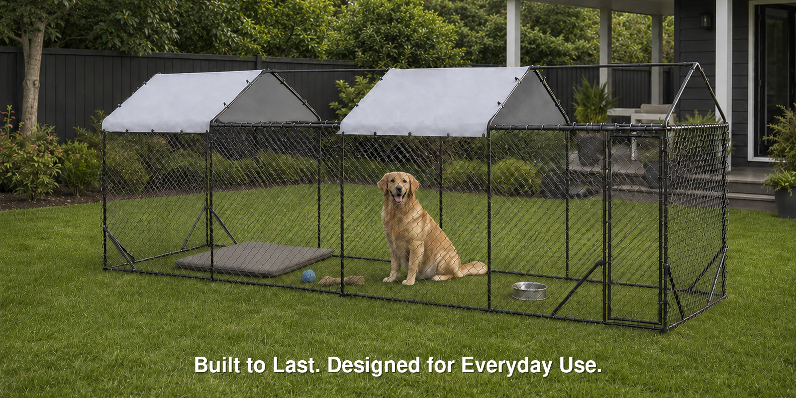 Aegis 776 cm outdoor dog run with two covers in a New Zealand backyard