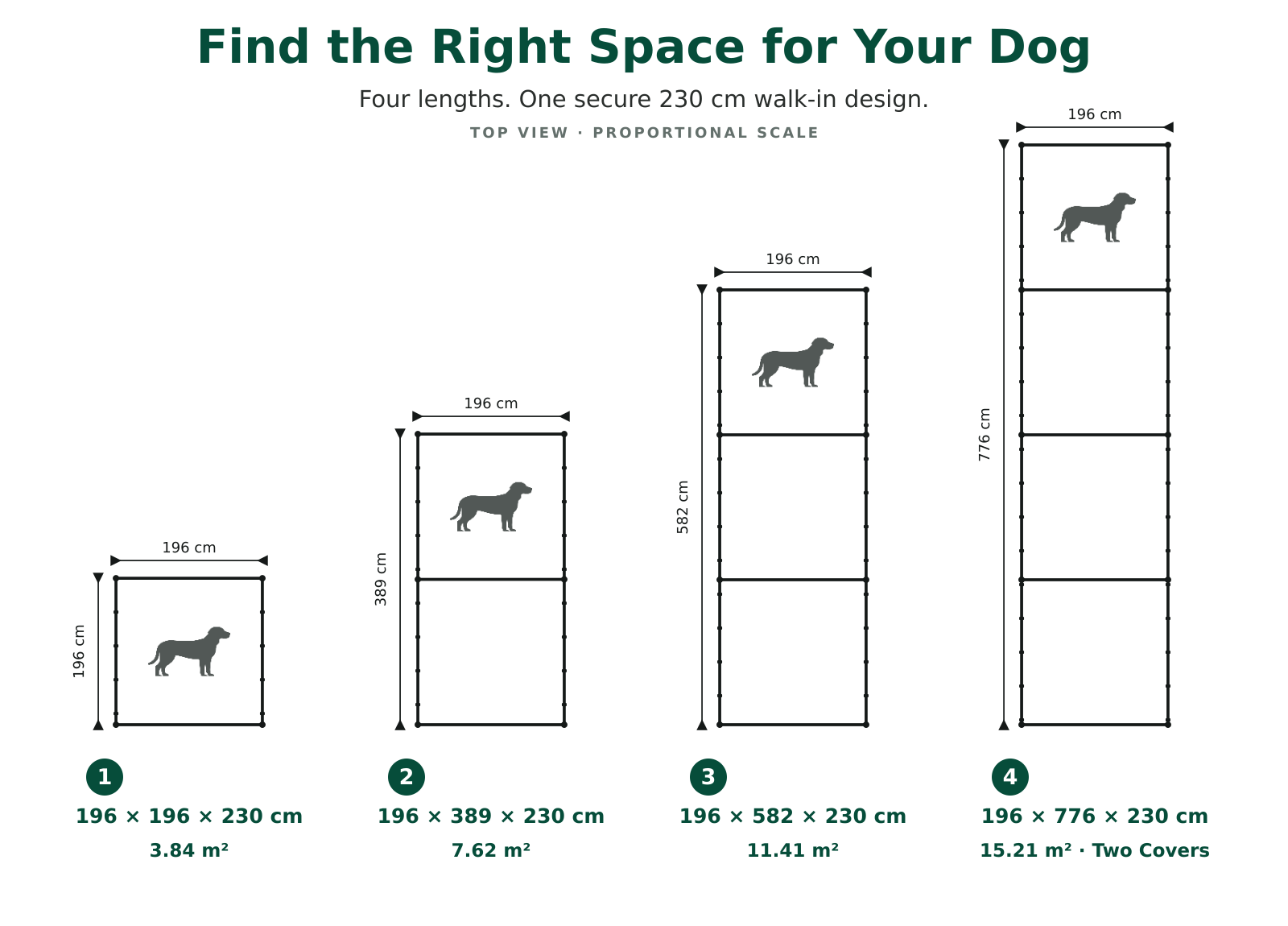 Top-view proportional comparison of four Aegis dog run sizes