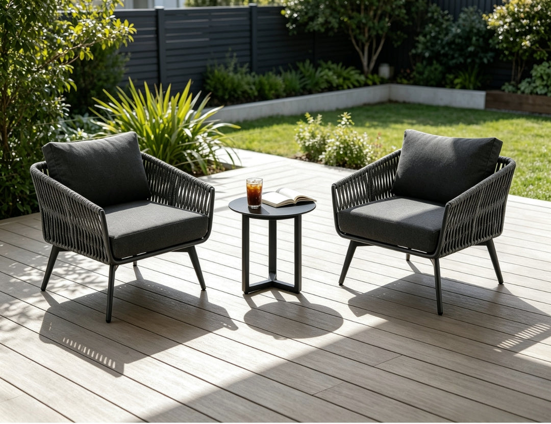 Kereru Aluminium and Rope Outdoor Conversation Set With Round Coffee Table- 3PCS