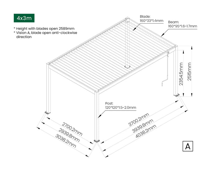 Atlantic Manual Freestanding Louvre Roof, Size: 3 x 3m, Colour: Black