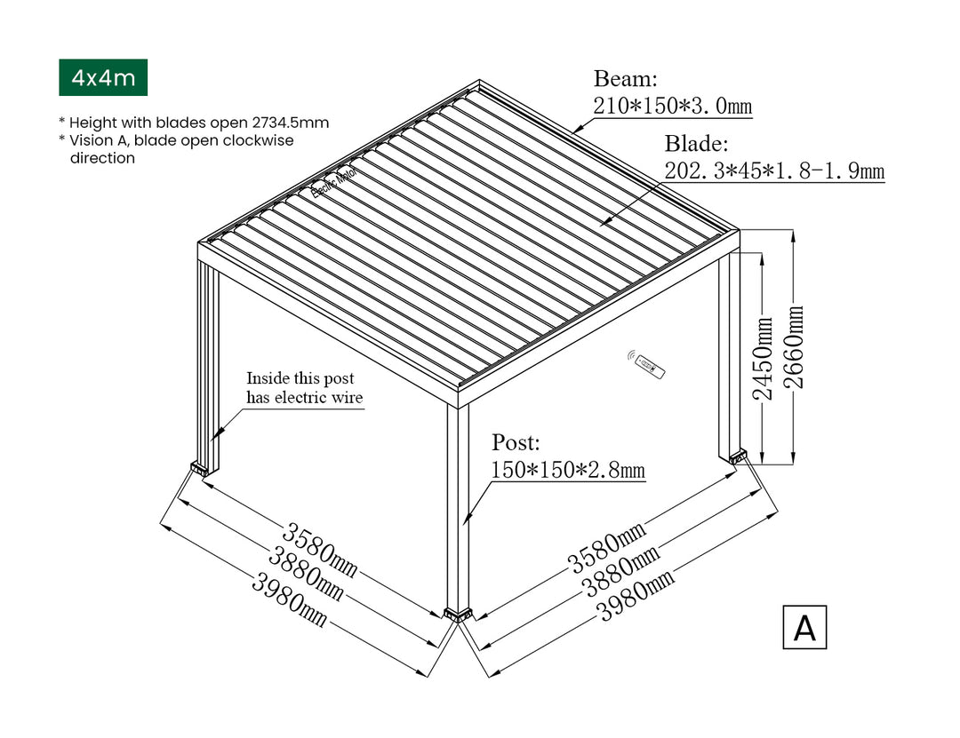 Pacific Motorised Freestanding Louvre Roof, Size: 4 x 4m, Colour: Black