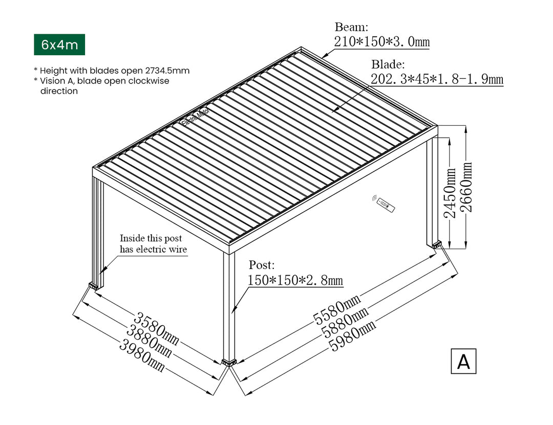 Pacific Motorised Freestanding Louvre Roof, Size: 4 x 4m, Colour: Black