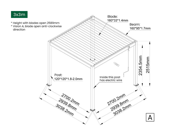 Caspian Manual Freestanding Louvre Roof, Size: 3 x 3m, Colour: Black