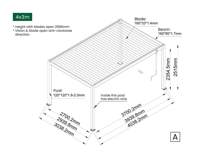 Caspian Manual Freestanding Louvre Roof, Size: 3 x 3m, Colour: Black