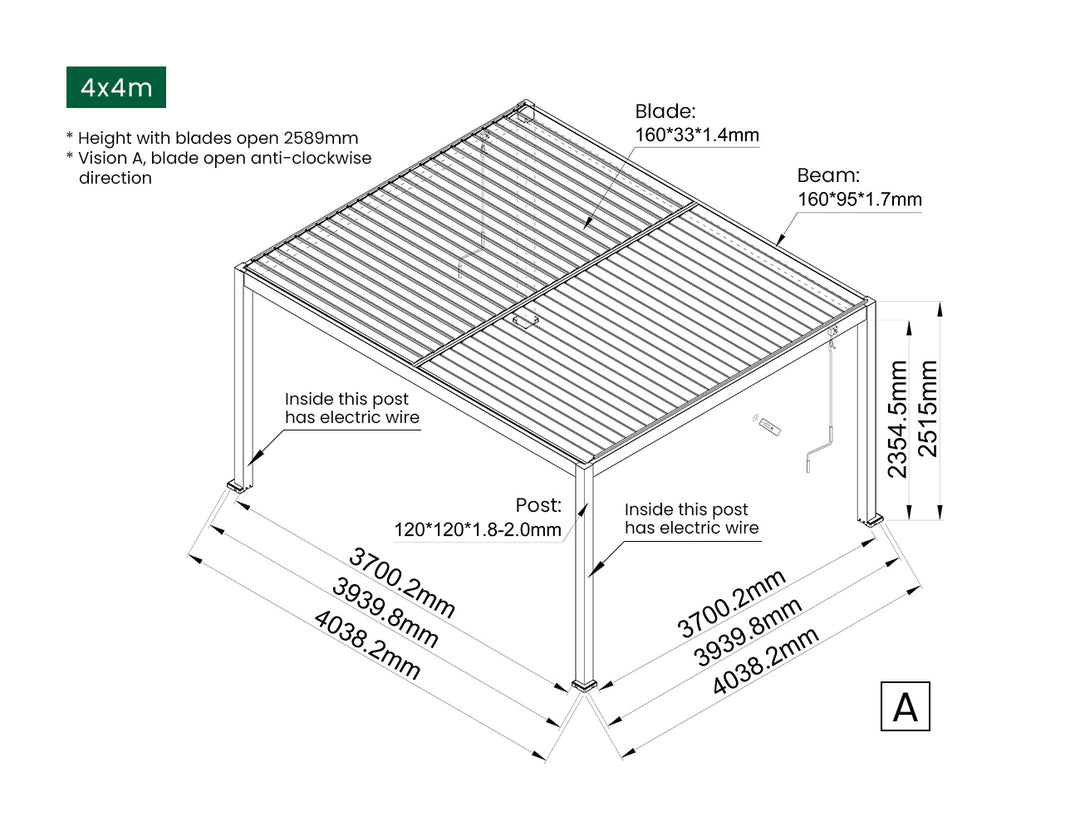 Caspian Manual Freestanding Louvre Roof, Size: 3 x 3m, Colour: Black