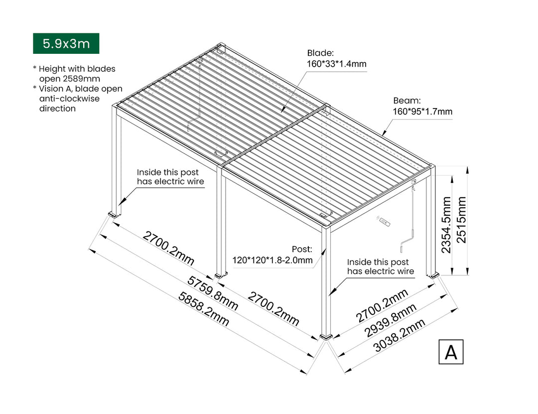 Caspian Manual Freestanding Louvre Roof, Size: 3 x 3m, Colour: Black