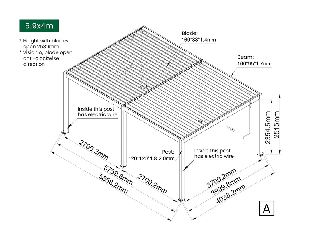 Caspian Manual Freestanding Louvre Roof, Size: 3 x 3m, Colour: Black