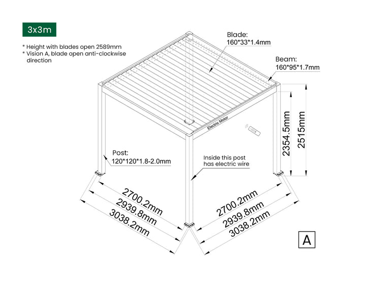 Caspian Motorised Freestanding Louvre Roof Aluminium Pergola, Size: 3 x 3m, Colour: Black