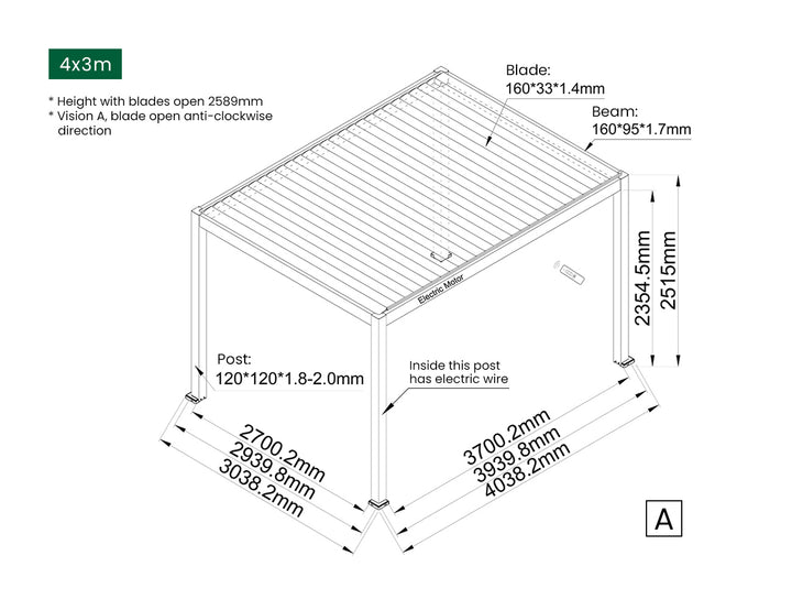 Caspian Motorised Freestanding Louvre Roof Aluminium Pergola, Size: 3 x 3m, Colour: Black